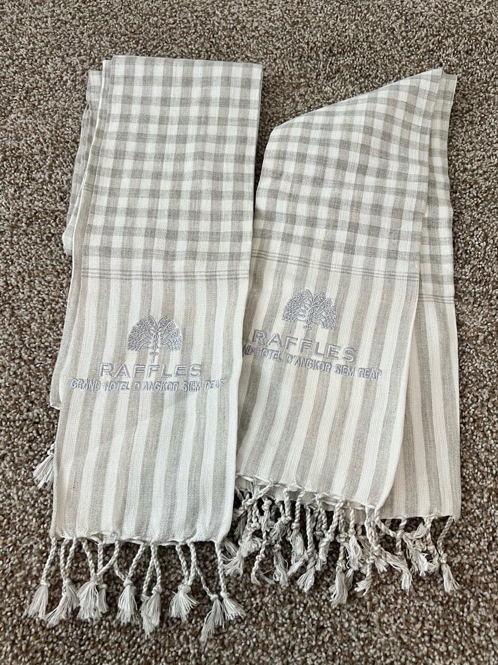 NWOT raffles grand hotel d'angkor siem reap set of 2 tea towels. White and gray